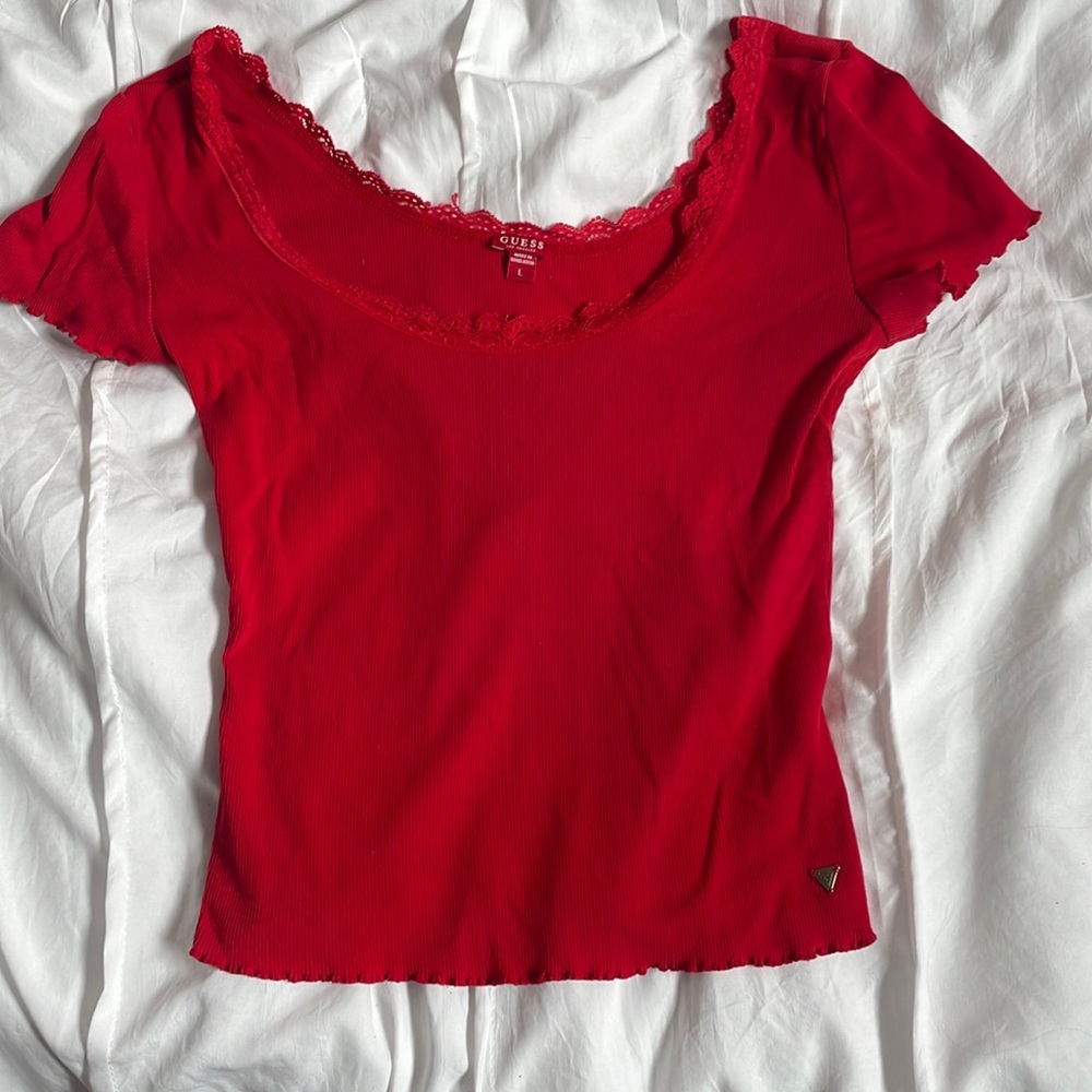 This is a red laced crop top from Guess!